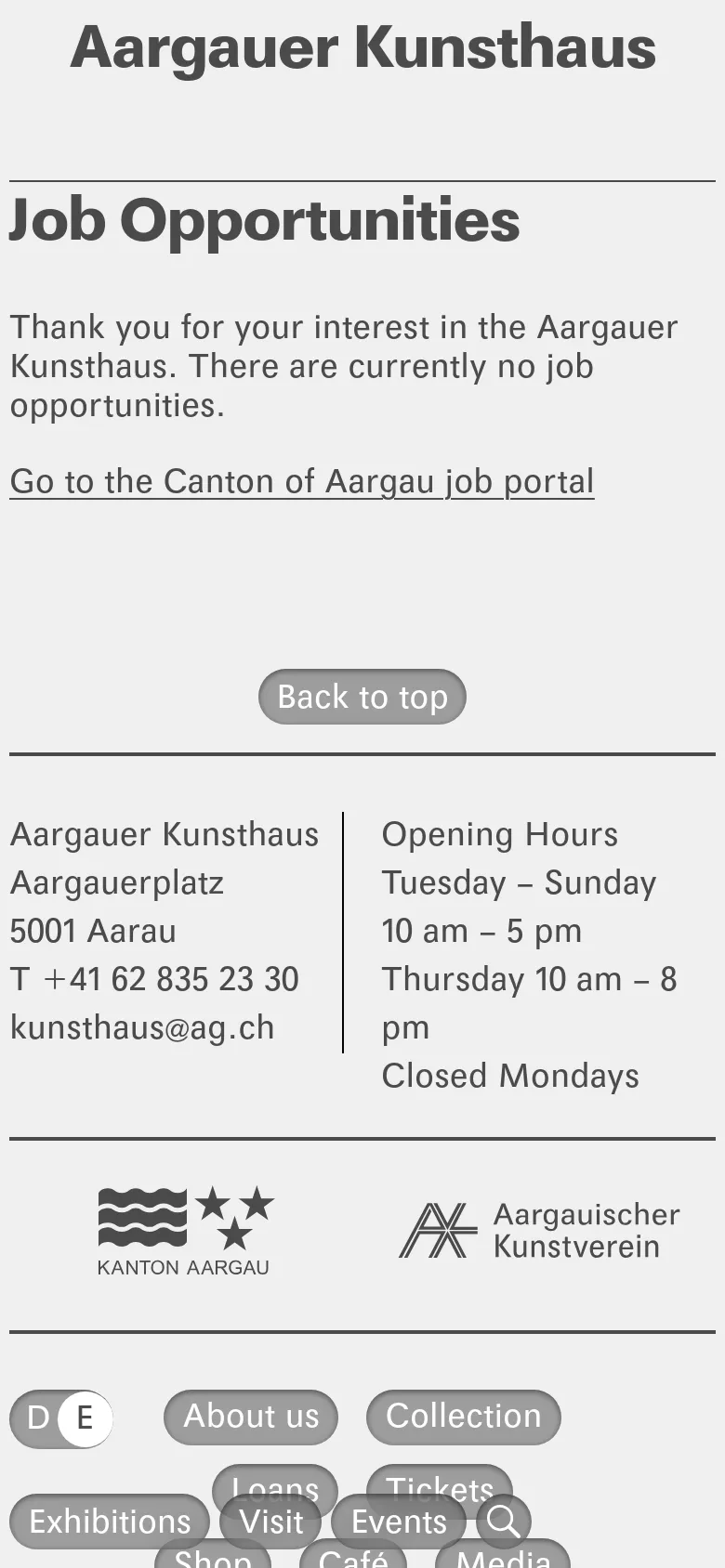 The mobile version presents a vertically stacked layout optimized for small screens. The main content remains centered with the 'Job Opportunities' heading and the external job portal link. The footer elements, including the address, opening hours, and navigation buttons, are rearranged into a single column for easier scrolling.