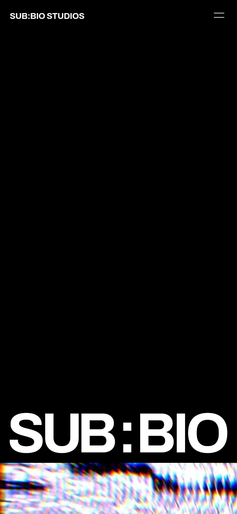 The mobile version maintains the dark, minimalist theme with the large 'SUB:BIO' text prominently displayed. The top navigation is condensed, featuring the brand name on the left and a hamburger menu icon on the right for easier mobile interaction. The layout is vertically oriented to suit smaller screens.