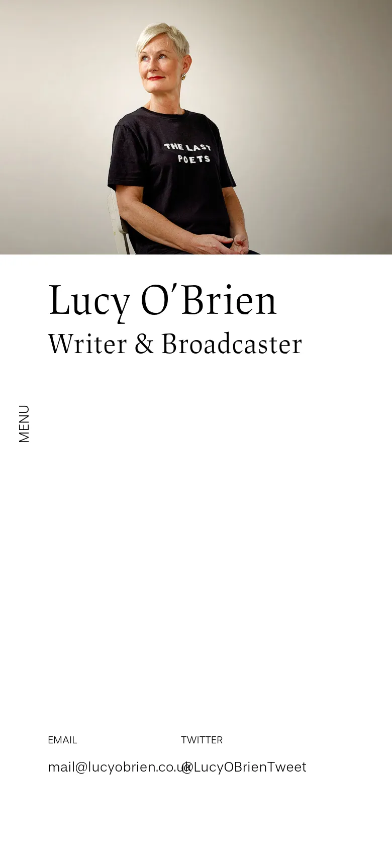 Mobile version of the homepage with a vertical layout. The portrait of Lucy O'Brien is positioned at the top, followed by her name and title in large serif text, a vertical 'MENU' label, and contact information at the bottom.