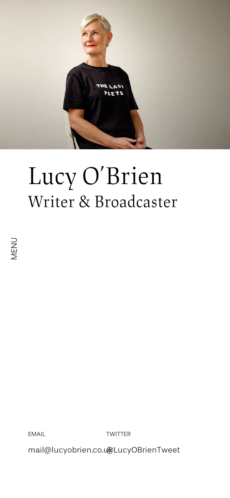 Mobile version of the homepage with a vertical layout. The portrait of Lucy O'Brien is positioned at the top, followed by her name and title in large serif text, a vertical 'MENU' label, and contact information at the bottom.