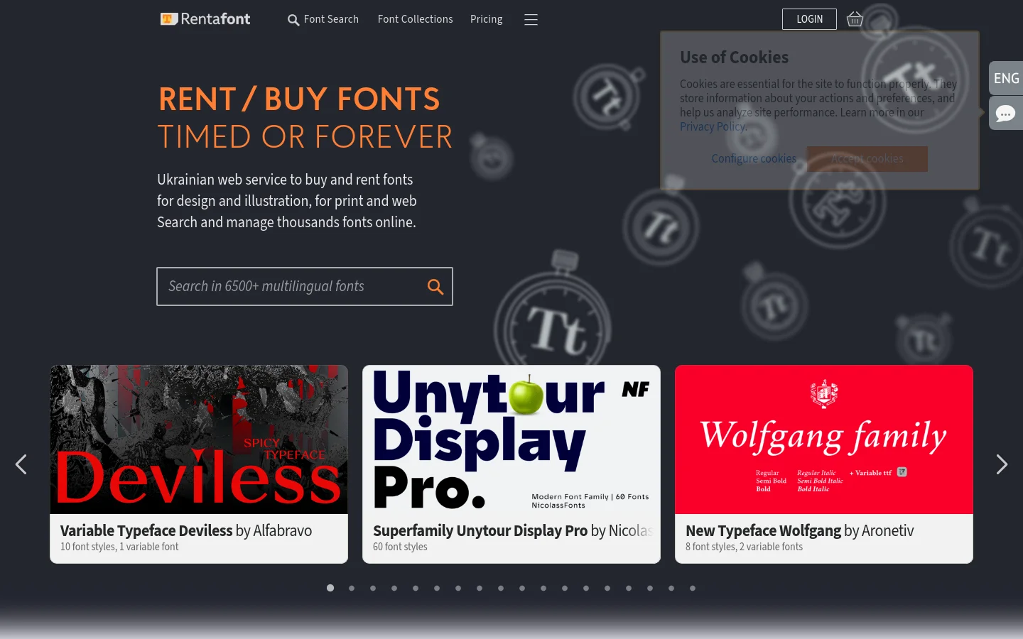 The desktop homepage features a dark, atmospheric hero section with a large headline reading 'RENT / BUY FONTS TIMED OR FOREVER' and a central search bar. Below the hero, a carousel displays large font preview cards, including 'Deviless' and 'Unytour Display Pro', set against a dark background. The bottom section uses a clean white background to explain font services with simple line-art illustrations of a computer and a cursor.