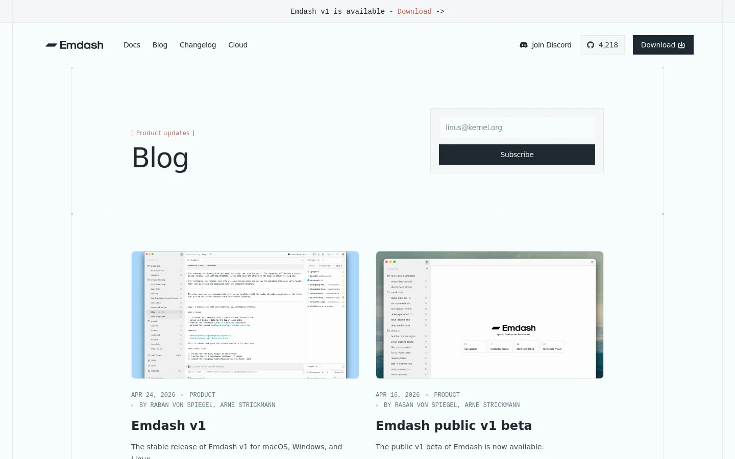 The Emdash blog page features a minimalist white layout with a large 'Blog' headline and a subscription box for email updates. Below, blog posts are arranged in a grid, displaying a software interface screenshot, date, category, authors, and a title like 'Emdash v1'. The desktop view includes a top navigation bar with links for Docs, Blog, Changelog, and Cloud, alongside a 'Download' button.