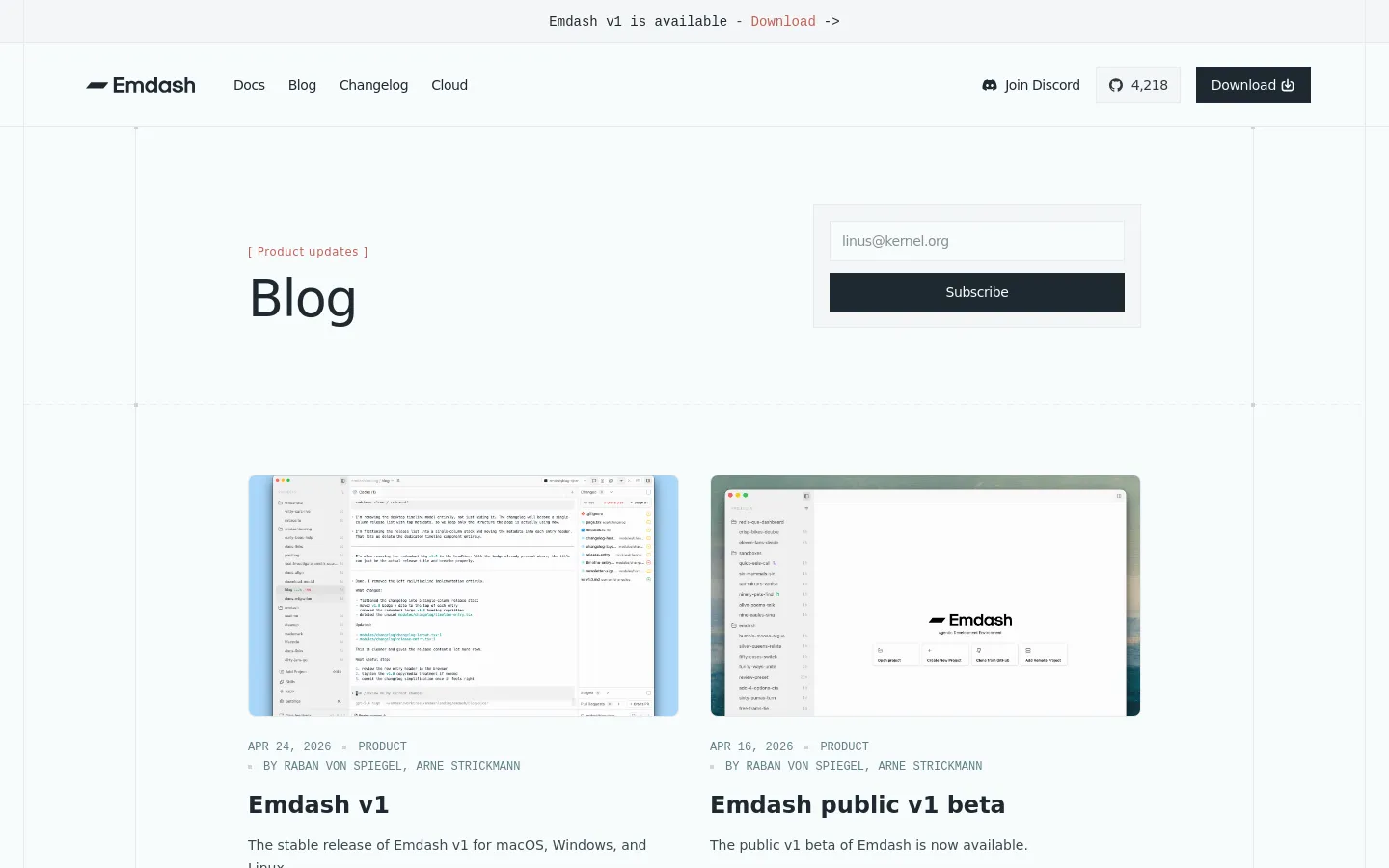 The Emdash blog page features a minimalist white layout with a large 'Blog' headline and a subscription box for email updates. Below, blog posts are arranged in a grid, displaying a software interface screenshot, date, category, authors, and a title like 'Emdash v1'. The desktop view includes a top navigation bar with links for Docs, Blog, Changelog, and Cloud, alongside a 'Download' button.