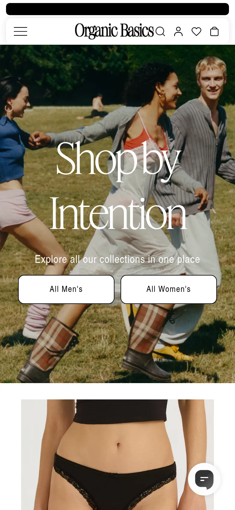 The mobile version presents a vertically stacked hero section with a large image of models, where the 'Shop by Intention' headline and subtext are centered. The 'All Men's' and 'All Women's' buttons are stacked vertically to fit the narrow screen width. The top navigation is condensed into a hamburger menu icon, and the collection grid below follows a single-column mobile layout.