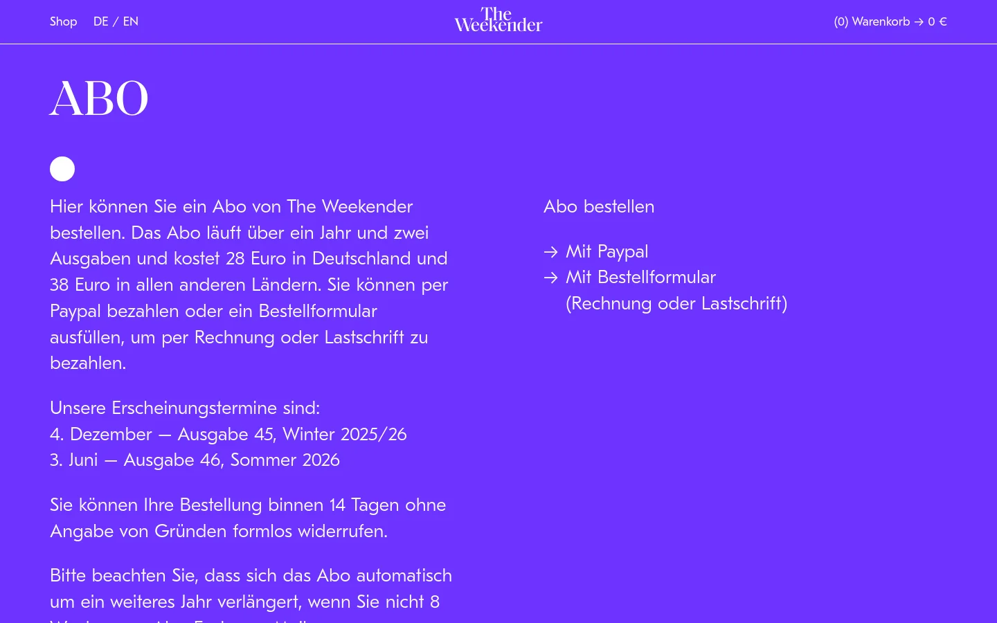 The desktop page features a vibrant purple background with white text. The large headline 'ABO' sits at the top left, followed by subscription details and publication dates in a two-column layout. On the right, a section titled 'Abo bestellen' provides two primary call-to-action links: 'Mit Paypal' and 'Mit Bestellformular'.