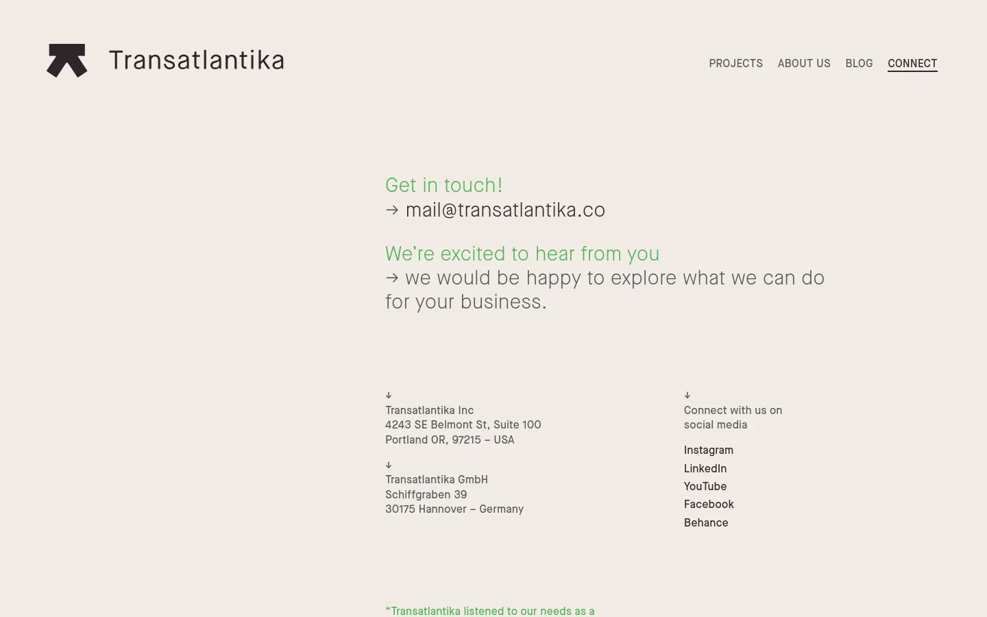 The Connect page features a minimalist design with a light gray background and black text. The layout includes a top navigation bar with the Transatlantika logo, contact information with green headings, office addresses for the US and Germany, and a list of social media links. Below the contact details, client testimonials are displayed in black text.