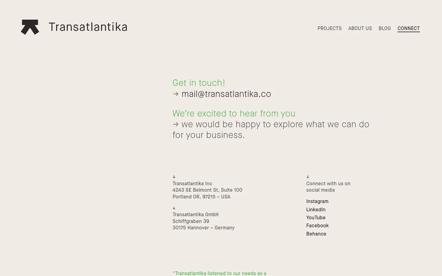 The Connect page features a minimalist design with a light gray background and black text. The layout includes a top navigation bar with the Transatlantika logo, contact information with green headings, office addresses for the US and Germany, and a list of social media links. Below the contact details, client testimonials are displayed in black text.