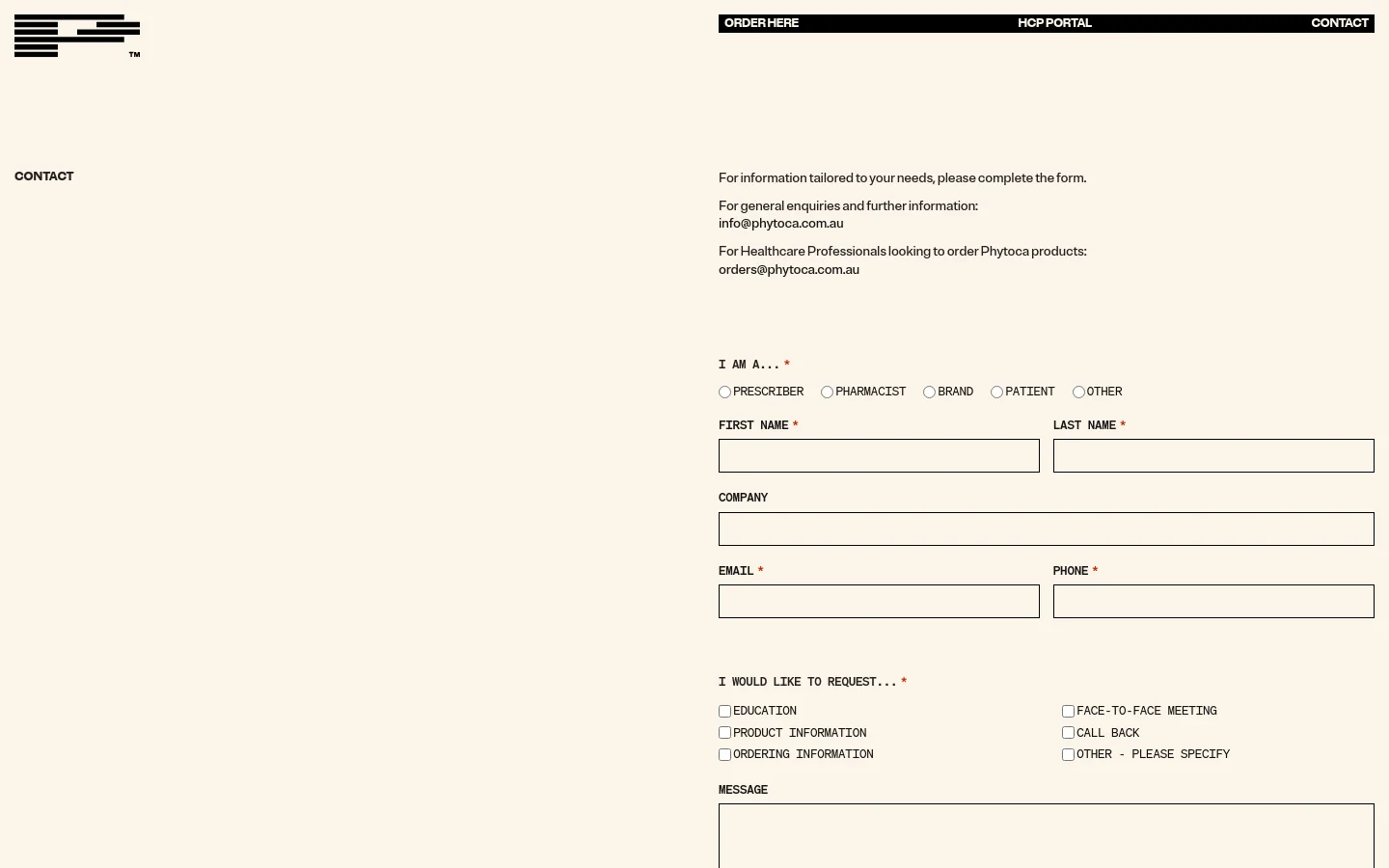 The desktop Contact page features a minimalist design with a cream background and black text. The layout includes a top navigation bar with 'ORDER HERE', 'HCP PORTAL', and 'CONTACT', followed by contact email addresses and a multi-field contact form with radio buttons for user type and checkboxes for request types.