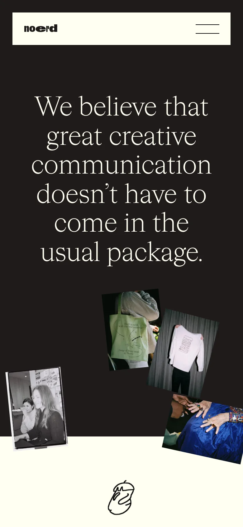 The mobile version displays the same dark background and large serif headline, but the layout is vertically stacked. The scattered photographic images are repositioned to fit the narrow viewport, and the navigation is condensed into a hamburger menu icon.