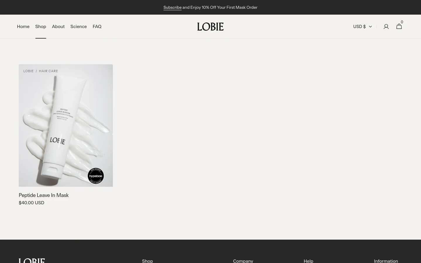 The desktop hair care collection page features a minimalist design with a light gray background and a top navigation bar containing links for Home, Shop, About, Science, and FAQ. A large hero image showcases a white tube of Peptide Leave In Mask resting on a smear of white cream, with the product name and price of $40.00 USD displayed below. The layout is spacious with a clean, high-end aesthetic.