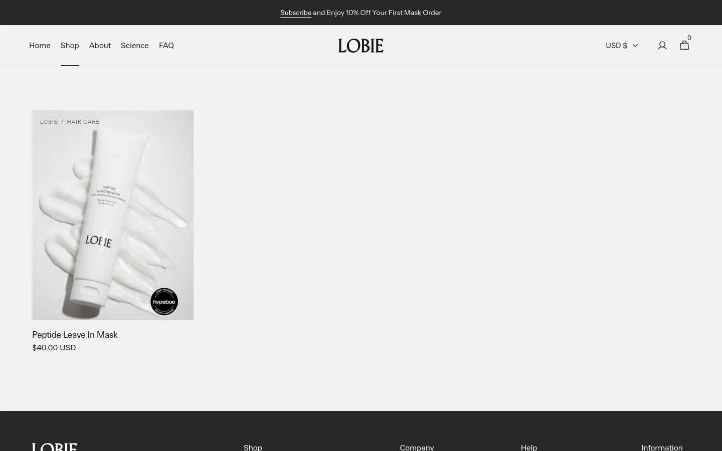 The desktop hair care collection page features a minimalist design with a light gray background and a top navigation bar containing links for Home, Shop, About, Science, and FAQ. A large hero image showcases a white tube of Peptide Leave In Mask resting on a smear of white cream, with the product name and price of $40.00 USD displayed below. The layout is spacious with a clean, high-end aesthetic.