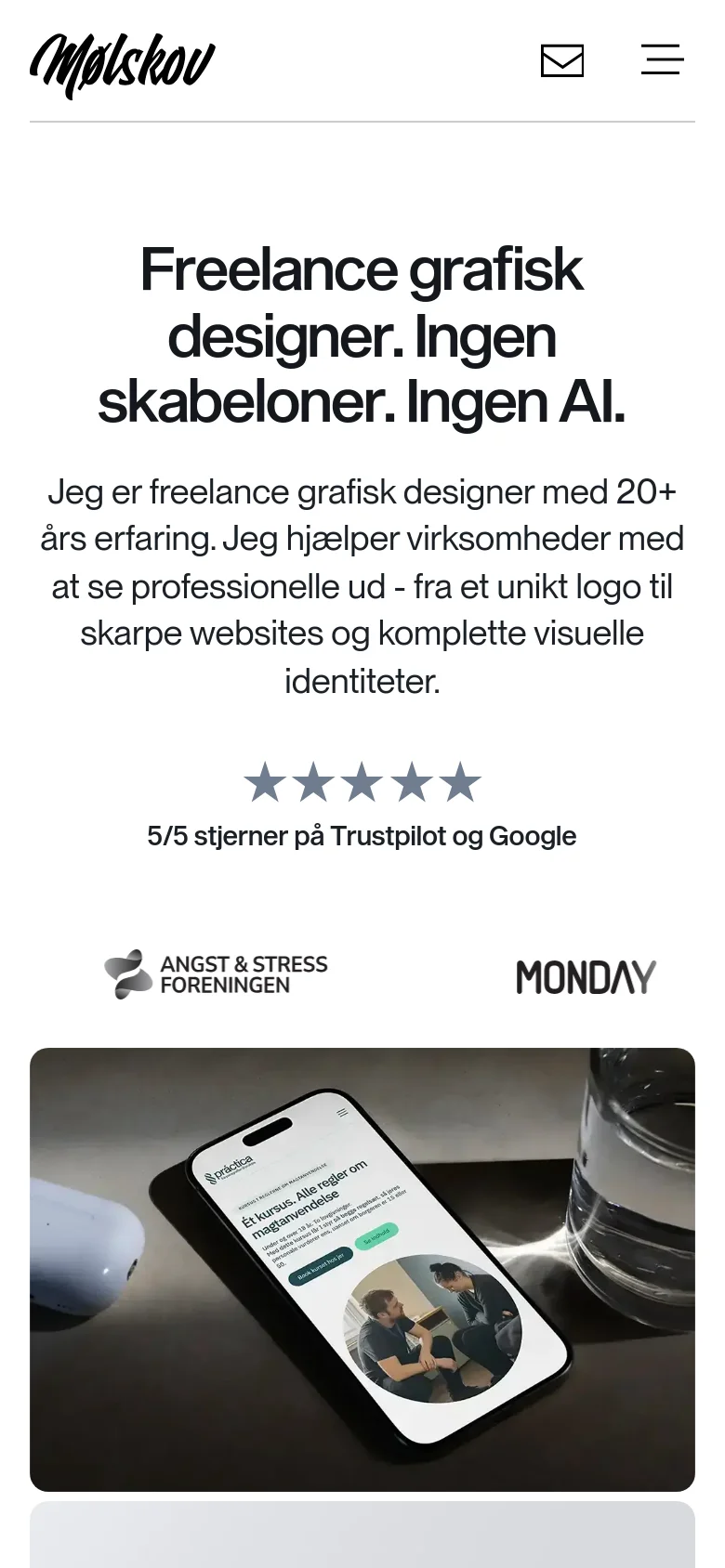 Mobile version of the Mølskov Studio homepage with a centered, single-column layout. The headline and text are stacked vertically above the star ratings and client logos, which are also arranged in a vertical flow. The navigation is condensed into a hamburger menu icon next to an envelope icon in the header.