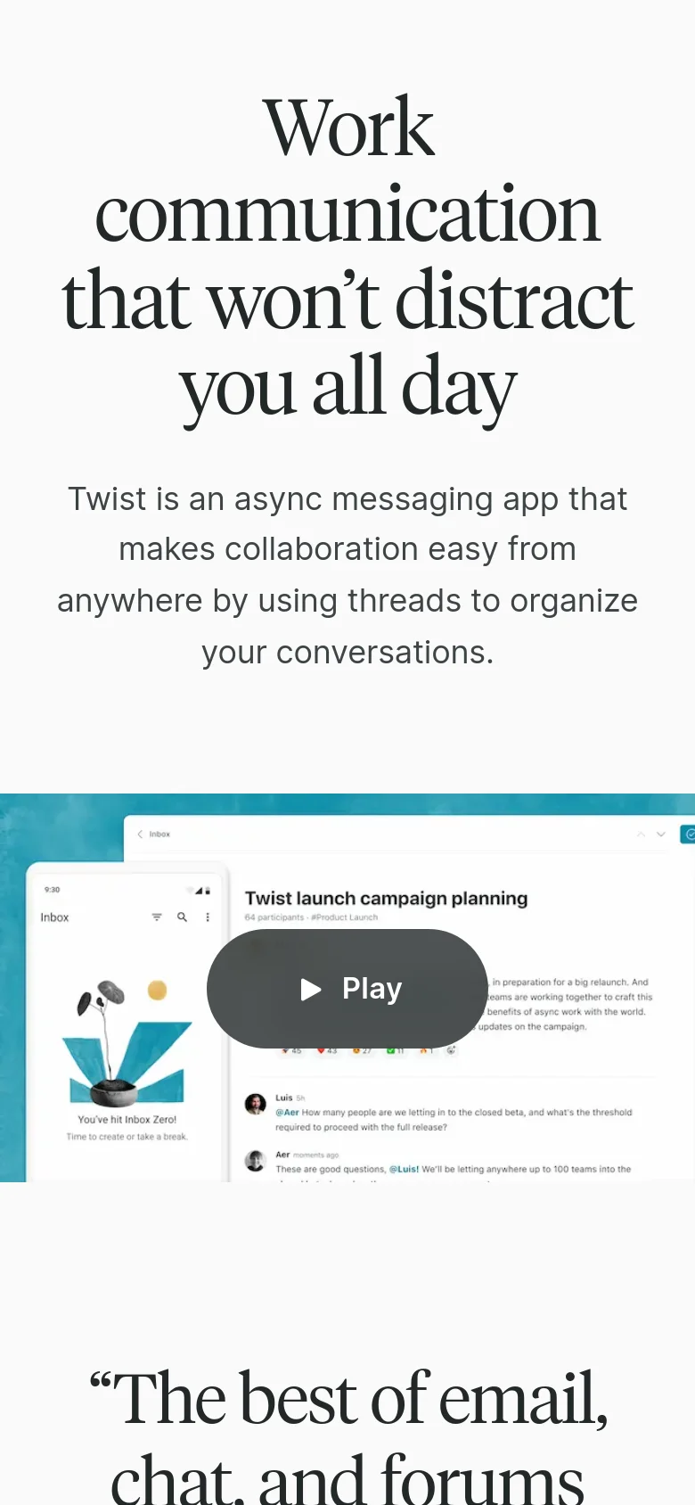 The mobile version presents a simplified, single-column layout centered around the large serif headline and introductory text. The hero image is scaled down to fit the narrow viewport, and the subsequent feature sections are stacked vertically for easy scrolling. The dominant colors remain white and teal, maintaining a clean and focused aesthetic.