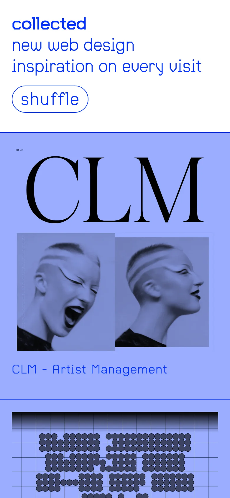 A mobile-optimized version of the design gallery featuring a vertical layout. The header displays the 'collected' branding and 'shuffle' button at the top, followed by large, single-column project cards that showcase high-contrast imagery and bold typography.