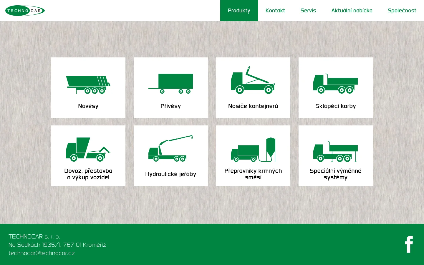 The desktop homepage features a clean layout with a light wood-textured background and a green and white color scheme. A top navigation bar includes links for Products, Contact, Service, Current Offers, and Company, while the main content area displays an eight-item grid of white cards, each containing a green icon and a text label for different vehicle attachments and services.