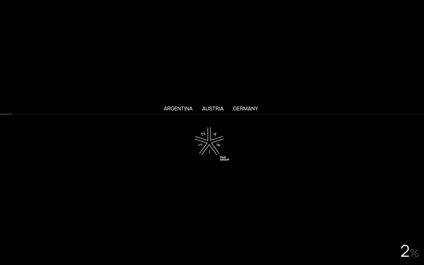 The desktop About page features a minimalist dark theme with white text. A central white star-shaped logo for Nabis Filmgroup sits above a navigation bar listing Argentina, Austria, and Germany, with a large percentage indicator in the bottom right corner.
