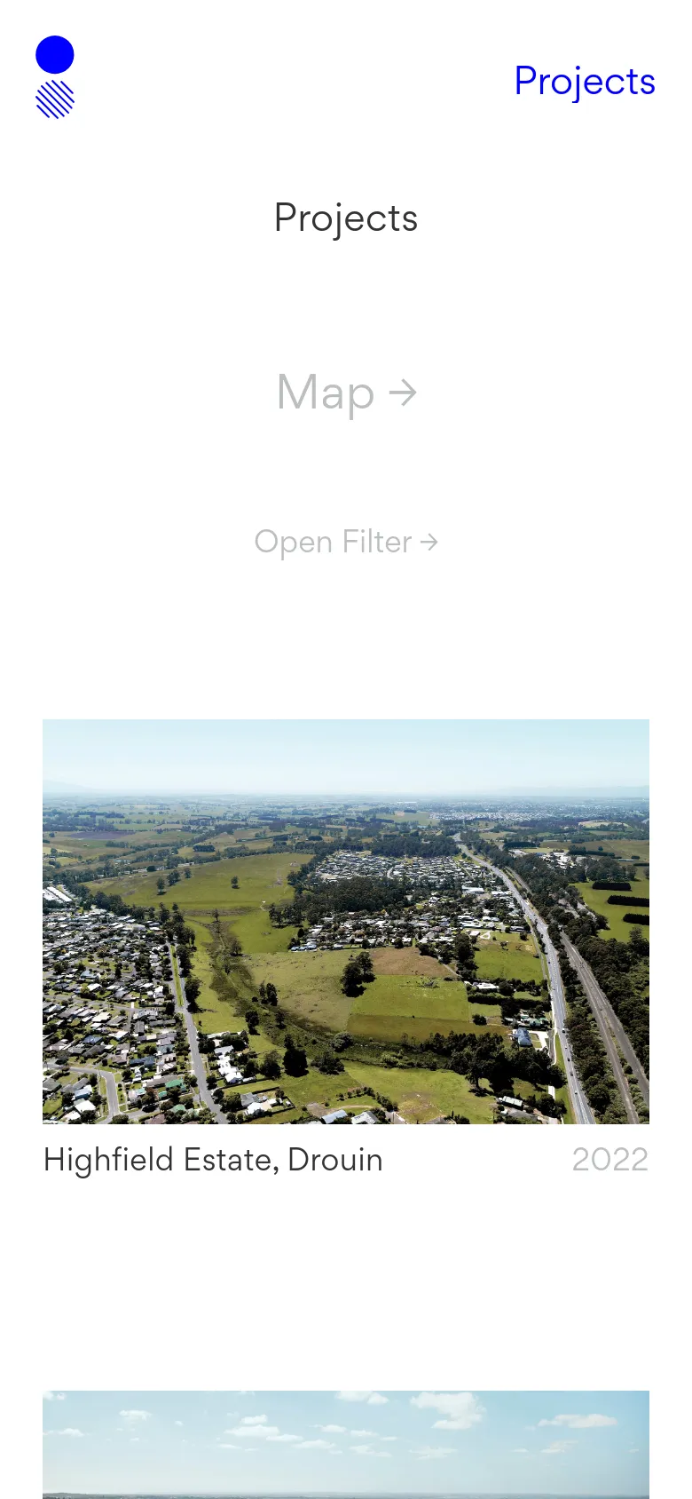 The mobile version maintains the minimalist white and grey aesthetic but uses a single-column layout. The 'Projects' heading, 'Map' link, and 'Open Filter' button are stacked vertically above a large, full-width aerial image of a residential estate labeled 'Highfield Estate, Drouin 2022'.