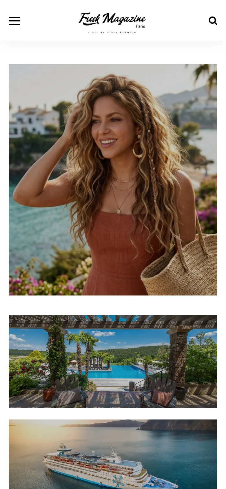 The mobile version uses a simplified layout with a hamburger menu icon on the left and a search icon on the right of the centered logo. The content shifts to a single-column vertical stack, starting with a large full-width hero image of Shakira, followed by subsequent lifestyle images stacked vertically. The navigation menu is hidden behind the menu icon to maximize screen space for visual content.