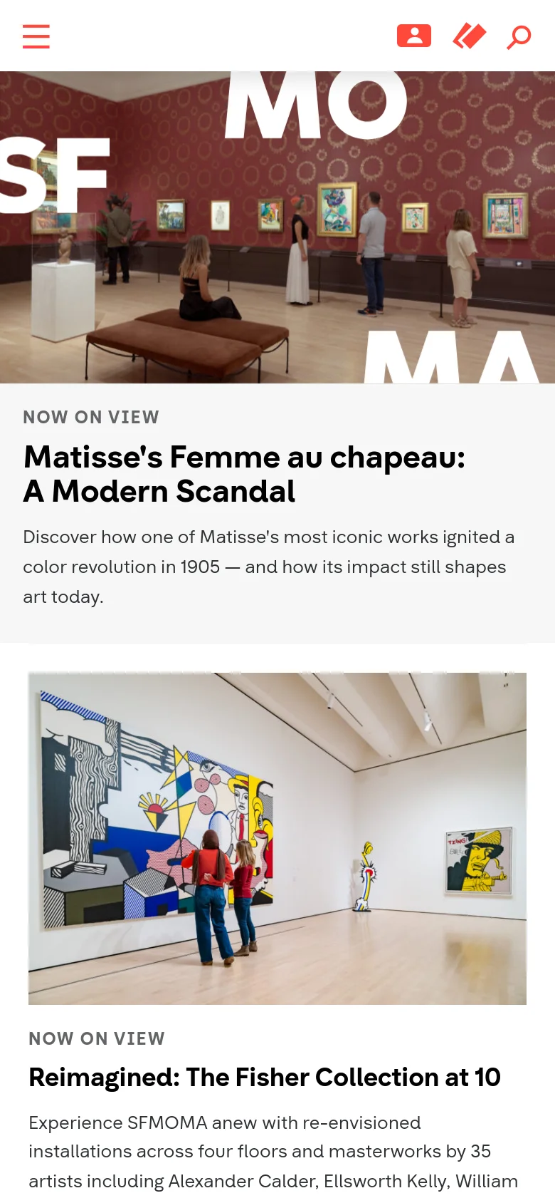 The mobile version presents a vertically stacked layout, beginning with a hero image of a museum gallery and large white typography. Exhibition highlights follow in a single-column format, with large images followed by headlines and descriptive text for easier scrolling. The header is condensed, showing a hamburger menu icon, membership, tickets, and a search icon.