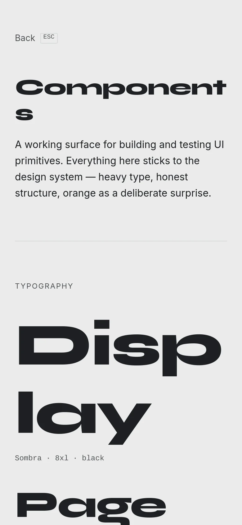 The mobile version presents a simplified single-column layout with the large 'Components' headline and introductory text at the top. The abstract black brushstroke graphic is repositioned or scaled to fit the narrower viewport, and the typography scales and UI components are stacked vertically for easy scrolling.