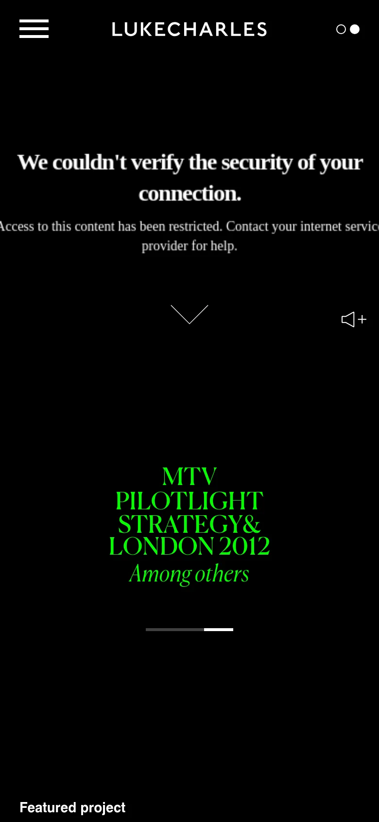 The mobile version maintains the dark aesthetic and white text but uses a vertically stacked layout. The navigation menu is condensed into a hamburger icon, and the hero text is centered, with a prominent green text element highlighting 'MTV PILOTLIGHT STRATEGY & LONDON 2012' as part of a scrolling client showcase.