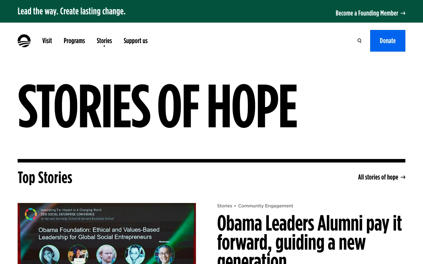 The desktop page features a large, bold headline reading 'STORIES OF HOPE' against a white background. Below, a 'Top Stories' section displays a grid of articles, each consisting of a large photograph, category tags, a headline, a brief description, and a 'Learn more' call to action. The navigation bar at the top includes the Obama Foundation logo, links for Visit, Programs, Stories, and Support us, a search icon, and a blue 'Donate' button.