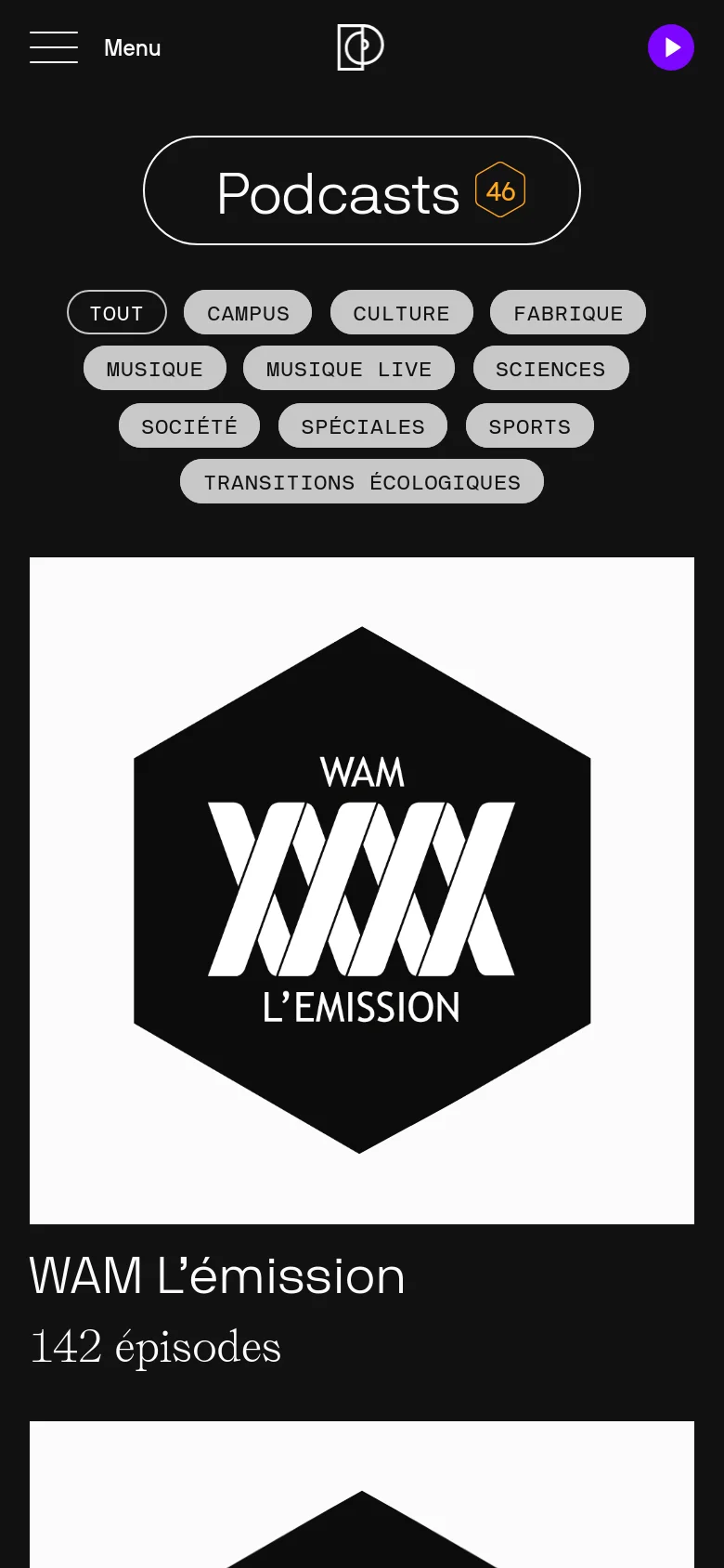 The mobile version maintains the dark theme and centered 'Podcasts 46' headline within a pill shape. The category filter buttons are stacked into multiple rows to fit the narrower screen width. The podcast covers appear as large, single-column cards below the navigation and filter sections.