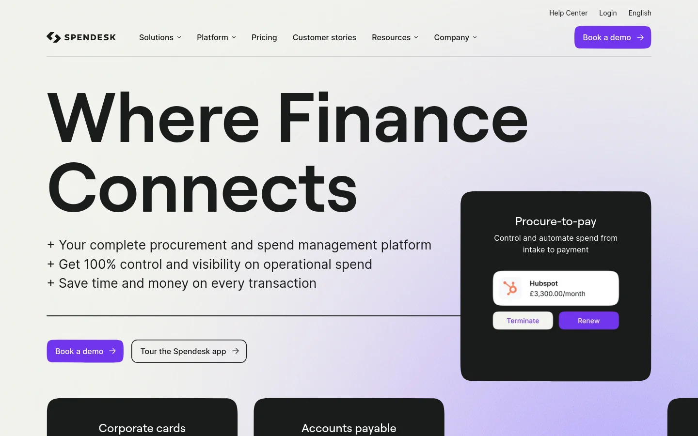 The desktop homepage features a clean, modern design with a light purple gradient background. A large headline reads 'Where Finance Connects' next to a dark UI mockup of the software, with primary calls to action for 'Book a demo' and 'Tour the Spendesk app'. Below the hero section, a grid of feature cards with dark backgrounds showcases services like Corporate cards and Accounts payable.