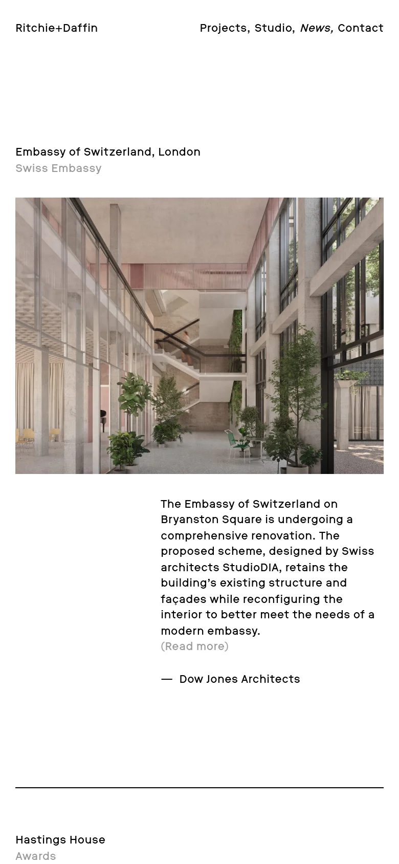 The mobile version maintains the minimalist white and black aesthetic but uses a single-column vertical layout. The navigation menu is condensed, and the large architectural image for the Swiss Embassy project spans the full width of the screen above its corresponding text description.