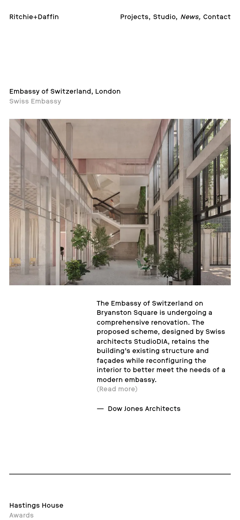 The mobile version maintains the minimalist white and black aesthetic but uses a single-column vertical layout. The navigation menu is condensed, and the large architectural image for the Swiss Embassy project spans the full width of the screen above its corresponding text description.