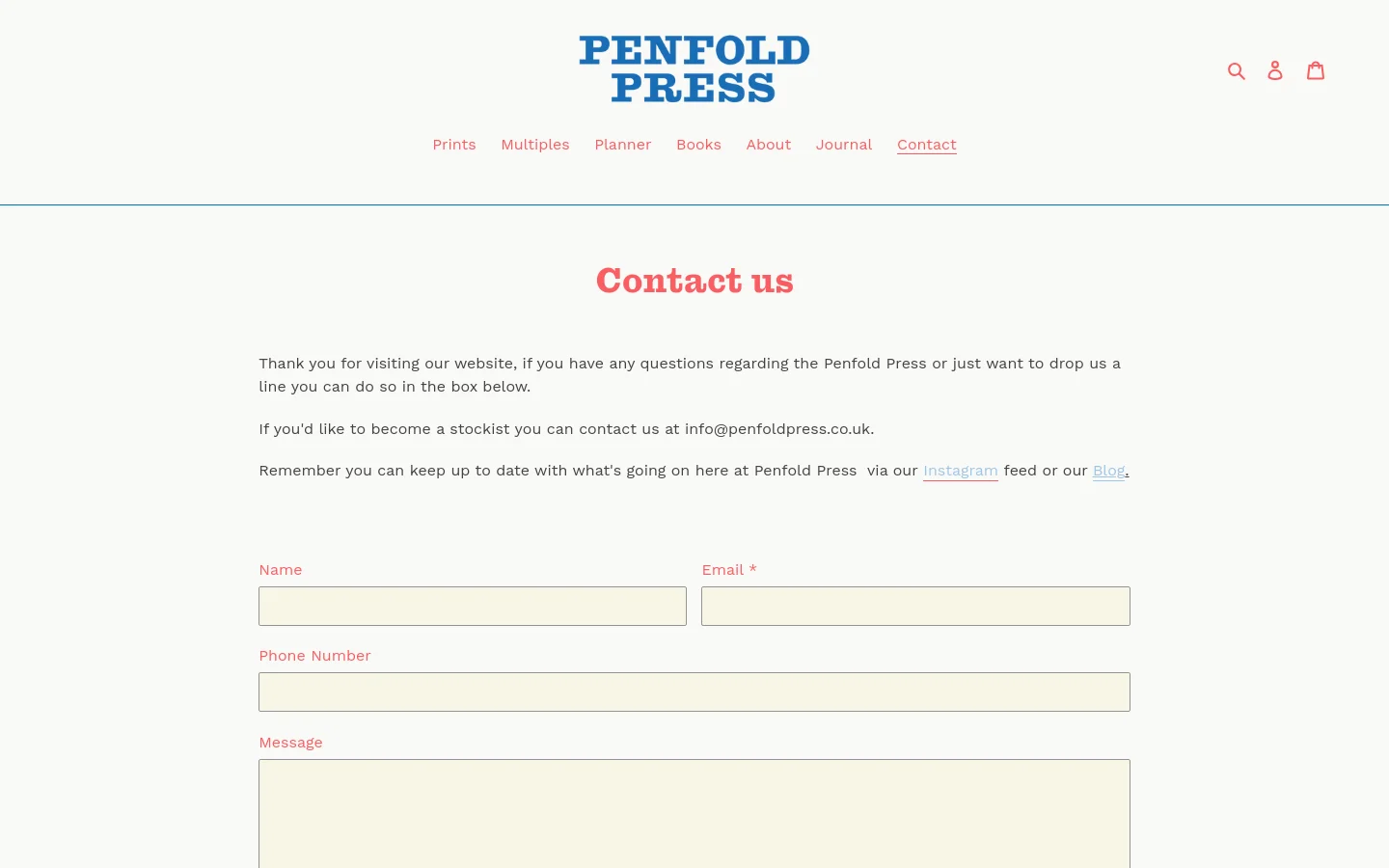 The desktop Contact page features a centered blue Penfold Press logo with a navigation menu below it containing links like Prints, Multiples, and Contact. A large pink 'Contact us' headline sits above introductory text, followed by a contact form with fields for Name, Email, Phone Number, and Message on a clean white background.