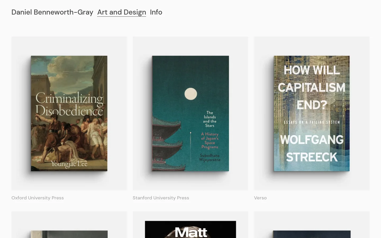 The homepage for Daniel Benneworth-Gray features a minimalist design with a white background and black text. A grid of book cover images is displayed, each accompanied by its publisher's name below, including titles from Oxford University Press, Stanford University Press, and Verso. The navigation menu at the top includes links for Art and Design and Info.