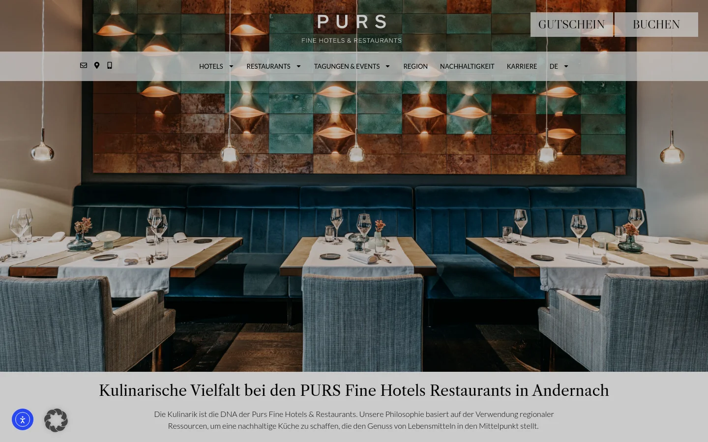 The desktop page features a large hero image of an elegant restaurant interior with set tables and a textured copper-toned wall with pendant lights. A navigation bar at the top includes links for Hotels, Restaurants, and Events, alongside 'GUTSCHEIN' and 'BUCHEN' buttons. Below the hero section, a white content area introduces the culinary philosophy with a headline and introductory text.