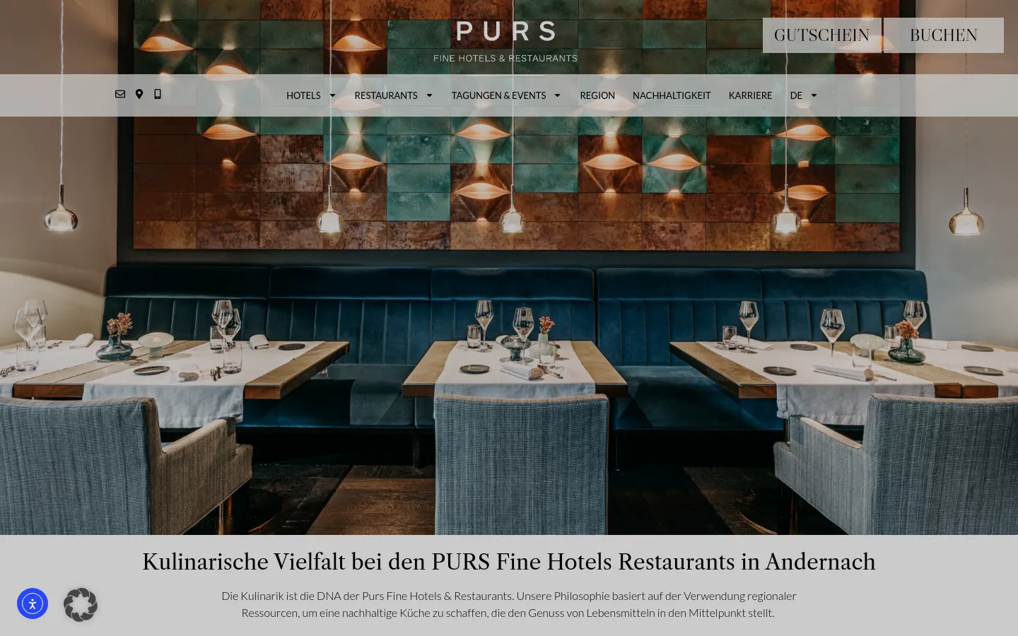 The desktop page features a large hero image of an elegant restaurant interior with set tables and a textured copper-toned wall with pendant lights. A navigation bar at the top includes links for Hotels, Restaurants, and Events, alongside 'GUTSCHEIN' and 'BUCHEN' buttons. Below the hero section, a white content area introduces the culinary philosophy with a headline and introductory text.
