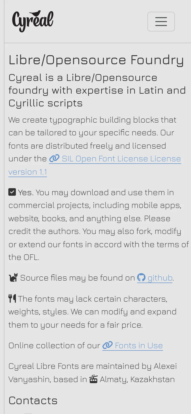 The mobile version simplifies the layout by replacing the horizontal navigation bar with a hamburger menu icon next to the Cyreal logo. The content remains vertically stacked, focusing on the 'Libre/Opensource Foundry' headline and text, with larger touch-friendly spacing for links and icons.