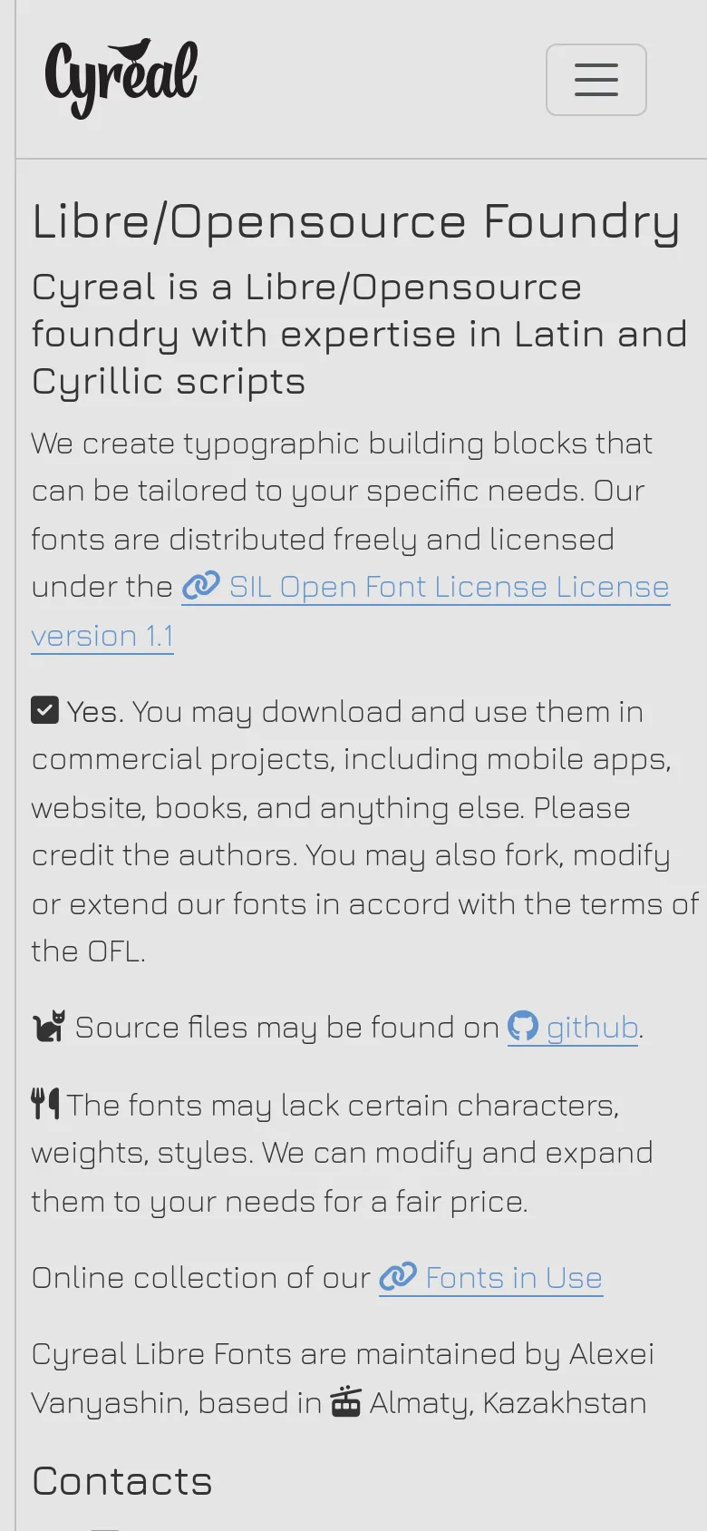The mobile version simplifies the layout by replacing the horizontal navigation bar with a hamburger menu icon next to the Cyreal logo. The content remains vertically stacked, focusing on the 'Libre/Opensource Foundry' headline and text, with larger touch-friendly spacing for links and icons.