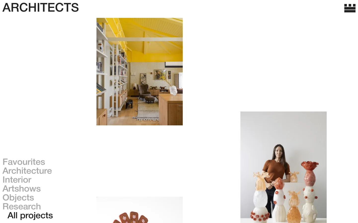 The desktop version features a minimalist white layout with the headline 'ARCHITECTS' and a grid of large project images. A vertical navigation menu on the left lists categories like Favourites, Architecture, and Interior, while a grid of high-quality photographs showcases various design projects.