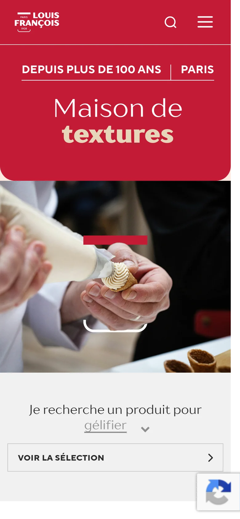 The mobile version uses a stacked layout, starting with a red header containing the logo, search icon, and hamburger menu. The hero section displays the 'Maison de textures' headline in a large red block above the pastry chef image, followed by a full-width product selector and a prominent 'Voir la sélection' call-to-action button.