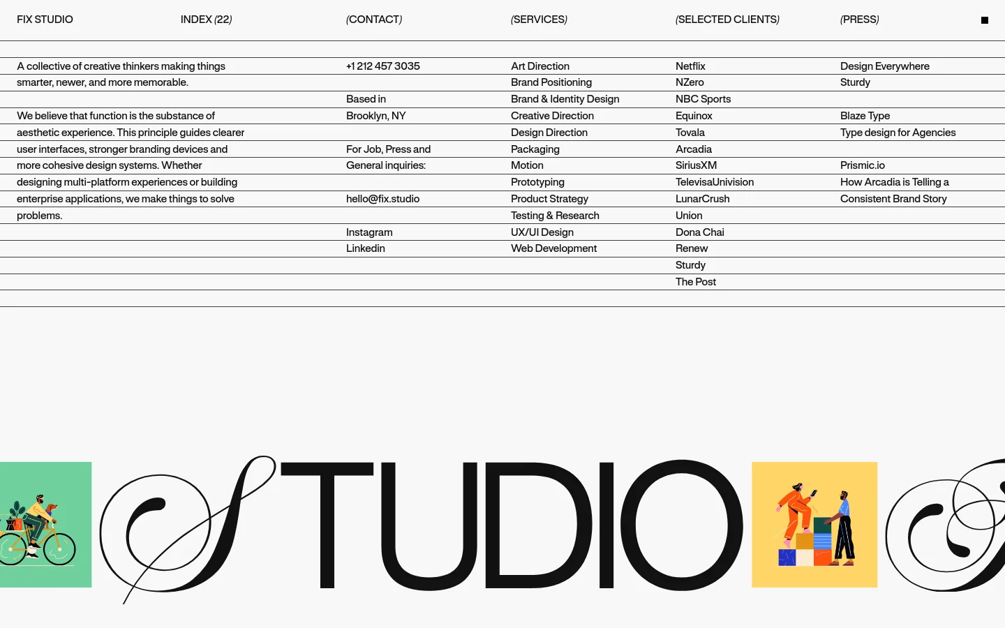The desktop homepage features a minimalist design with a white background and black serif typography. A large hero section displays a series of high-quality project images followed by a detailed text section and a multi-column directory listing services, clients, and contact information. The bottom of the page features large, stylized black typography and colorful graphic elements.