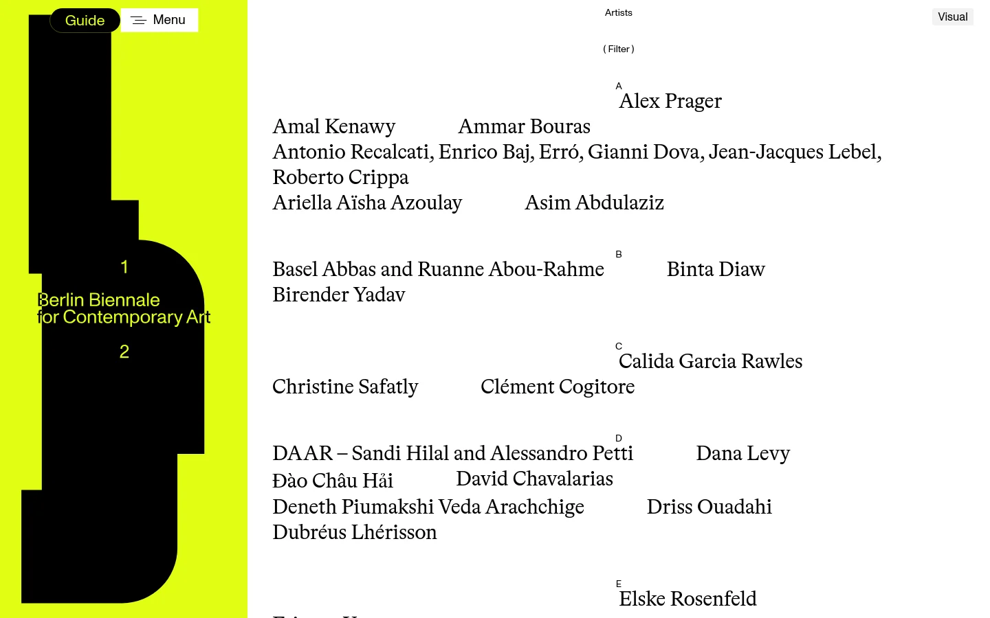 The Artists page features a minimalist layout with black text on a white background. A large, abstract lime green and black graphic element borders the left side, containing the text 'Berlin Biennale for Contemporary Art'. The main content consists of an alphabetical list of artist names arranged in multiple columns, with a filter option and a navigation menu at the top.