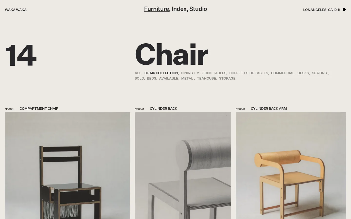 The desktop website features a minimalist design with a light beige background and large black typography. A large '14' and 'Chair' headline sit above a horizontal list of furniture categories, followed by a grid of product entries including high-quality studio photographs of wooden chairs labeled with item numbers.