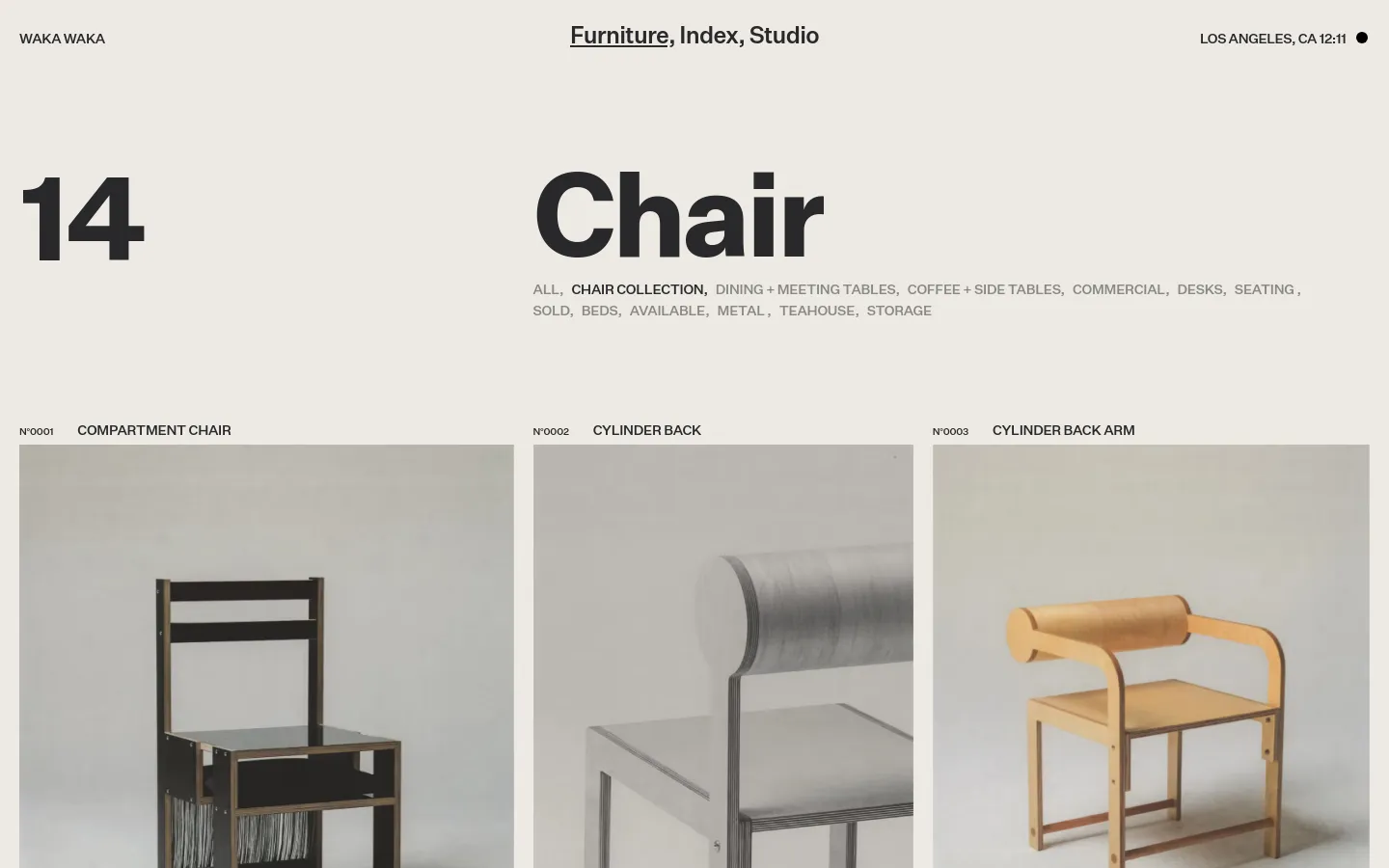 The desktop website features a minimalist design with a light beige background and large black typography. A large '14' and 'Chair' headline sit above a horizontal list of furniture categories, followed by a grid of product entries including high-quality studio photographs of wooden chairs labeled with item numbers.