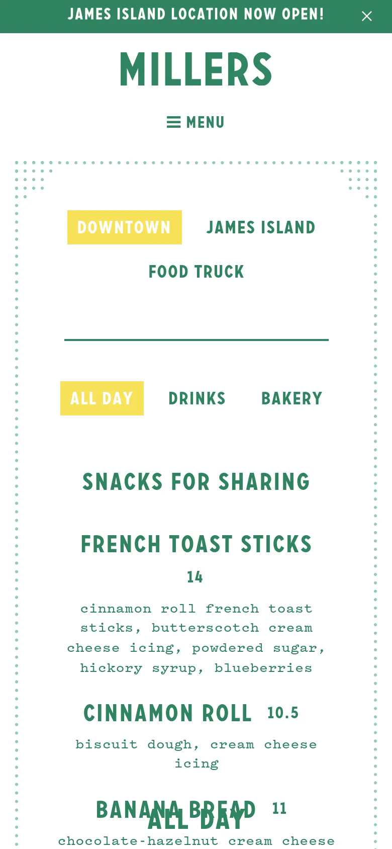 The mobile version simplifies the layout, replacing the top navigation bar with a hamburger menu icon and the word 'MENU'. The 'MILLERS' logo is prominently centered at the top, and the menu categories and food items are stacked vertically for easier scrolling on a smaller screen.