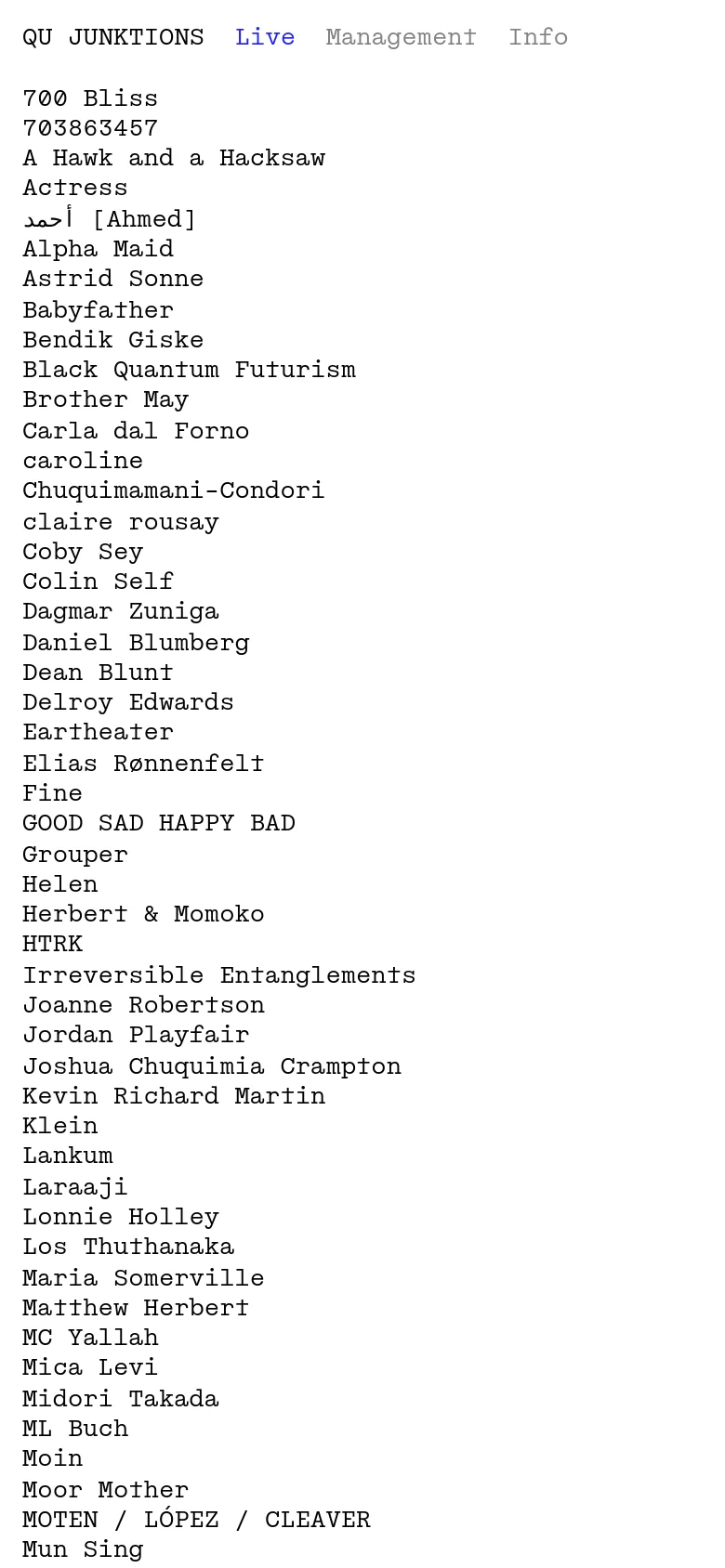 The mobile version maintains the minimalist white and black aesthetic but presents the navigation menu and the long list of artist names in a more condensed, single-column layout optimized for vertical scrolling on a small screen.