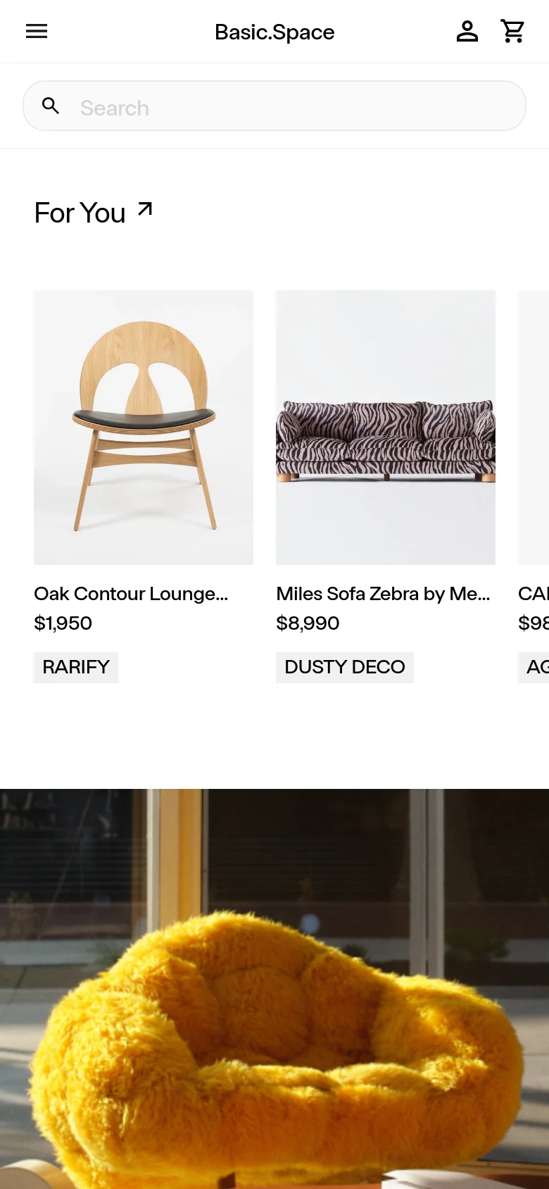 The mobile version presents a simplified vertical layout with a hamburger menu, search bar, and user icons at the top. The 'For You' product section shifts to a single-column or smaller grid view, showing larger product images like the Oak Contour Lounge to optimize for vertical scrolling on a small screen.