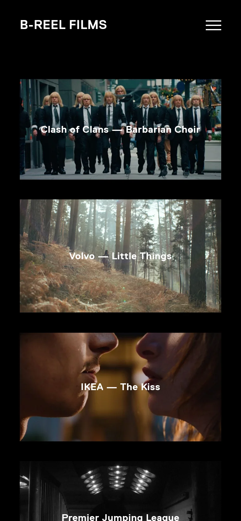 The mobile version maintains the dark theme but transitions to a single-column vertical stack of large cinematic thumbnails. The navigation menu is condensed into a hamburger icon at the top right, while the brand name remains at the top left.