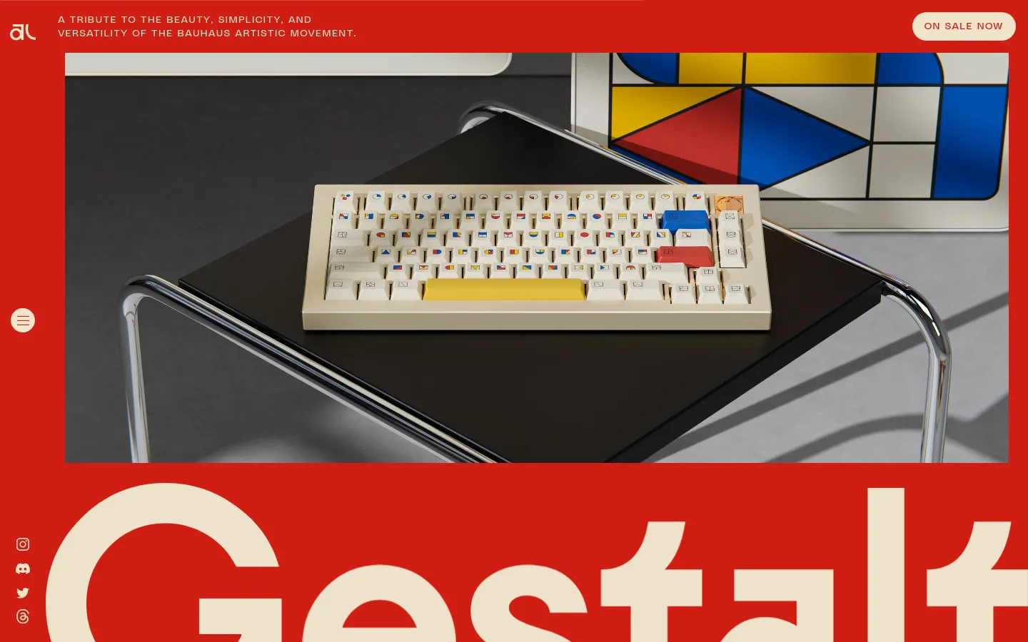 A minimalist desktop landing page for Gestalt featuring a large hero image of a cream-colored mechanical keyboard with primary-colored keycaps resting on a black table. The layout uses a bold red background with large white typography, a white 'GET UPDATES' button in the header, and a 'ON SALE NOW' button in the top right corner.