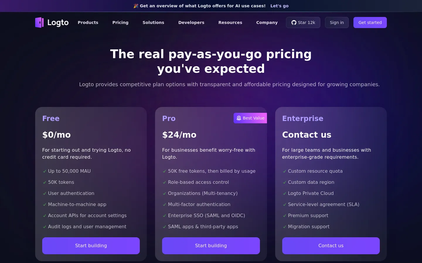 The desktop pricing page features a dark purple gradient background with a centered headline and subheadline. Three distinct pricing cards for Free, Pro, and Enterprise are arranged horizontally, each listing key features with green checkmarks and a primary call-to-action button. The navigation bar at the top includes the Logto logo, menu links, and a 'Get started' button.