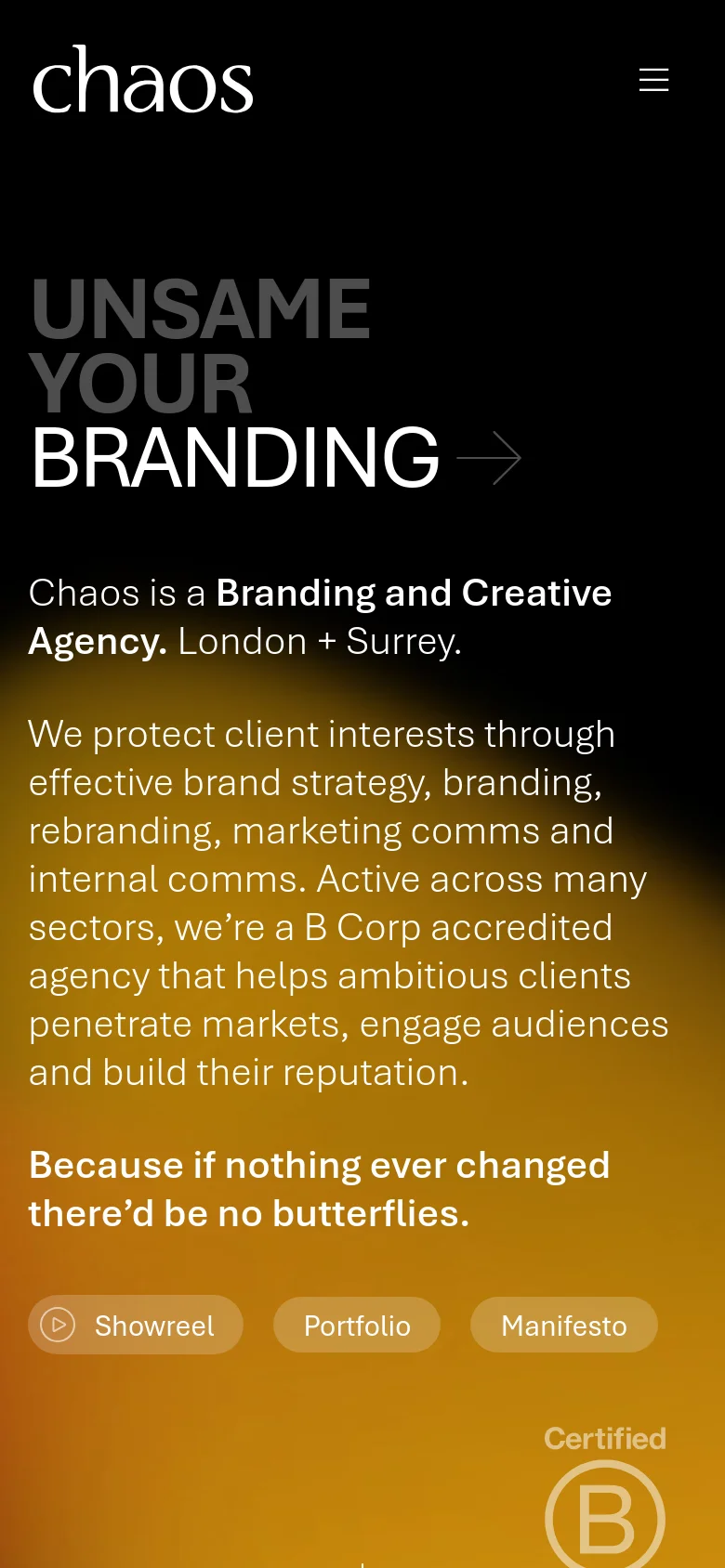 The mobile version maintains the dark theme and bold typography but uses a vertical layout. The large, colorful blurred shapes are scaled to fit the narrower screen, and the navigation is condensed into a hamburger menu icon at the top right. The primary text and call-to-action buttons are stacked vertically for easier scrolling.
