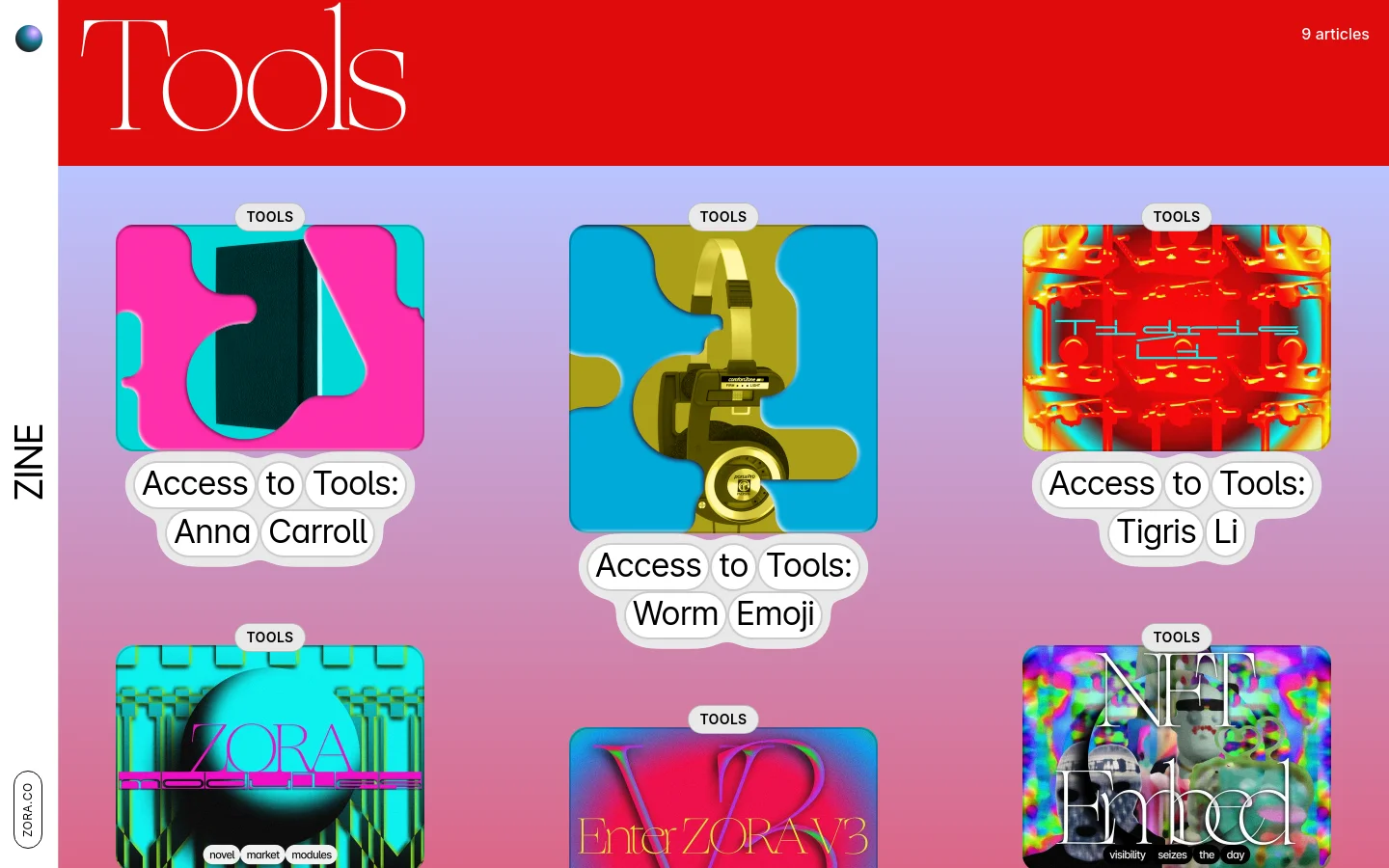 The Tools category page features a bold red header with the title 'Tools' and a count of 9 articles. Below, a grid of colorful, abstract article cards is displayed on a lavender background, each containing a stylized image, a 'TOOLS' tag, and a white text bubble with the article title.